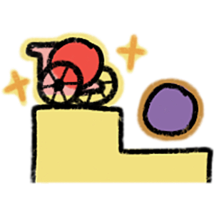 A red blob on a higher pedestal and a purple blob on a lower pedestal. The red blob uses a wheelchair and is outlined in yellow with sparkles. The purple blob does not use a wheelchair and is outlined in bronze 